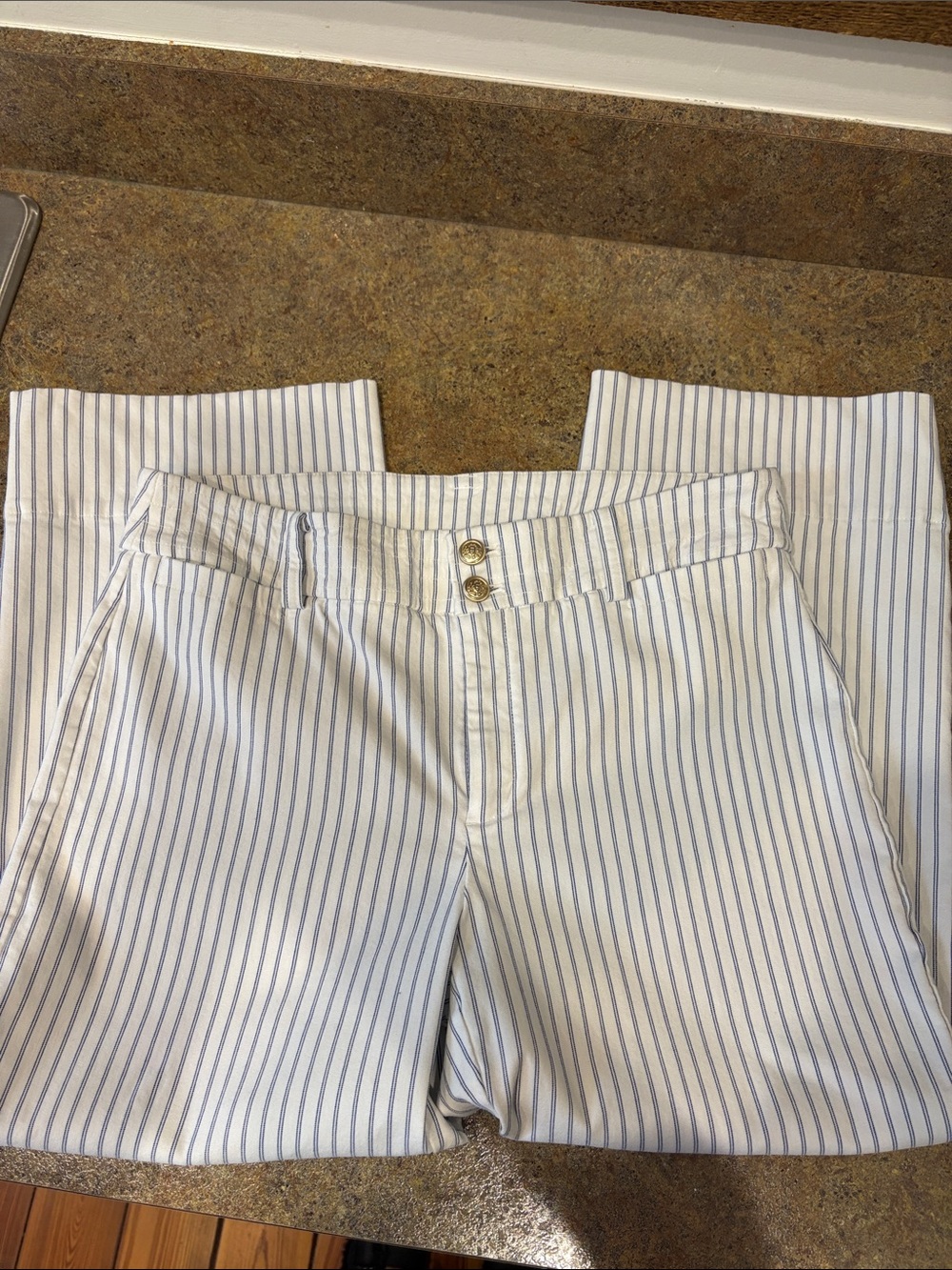 Chico's Platinum Denim / Fabulously Slimming Trouser Crop in Railroad Pinstripe.